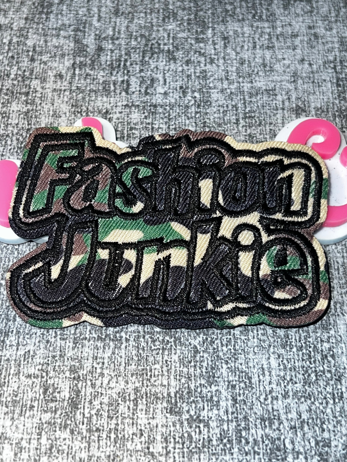 Camo “Fashion Junkie” Embroidered Patch – Statement Lettering Iron On Applique