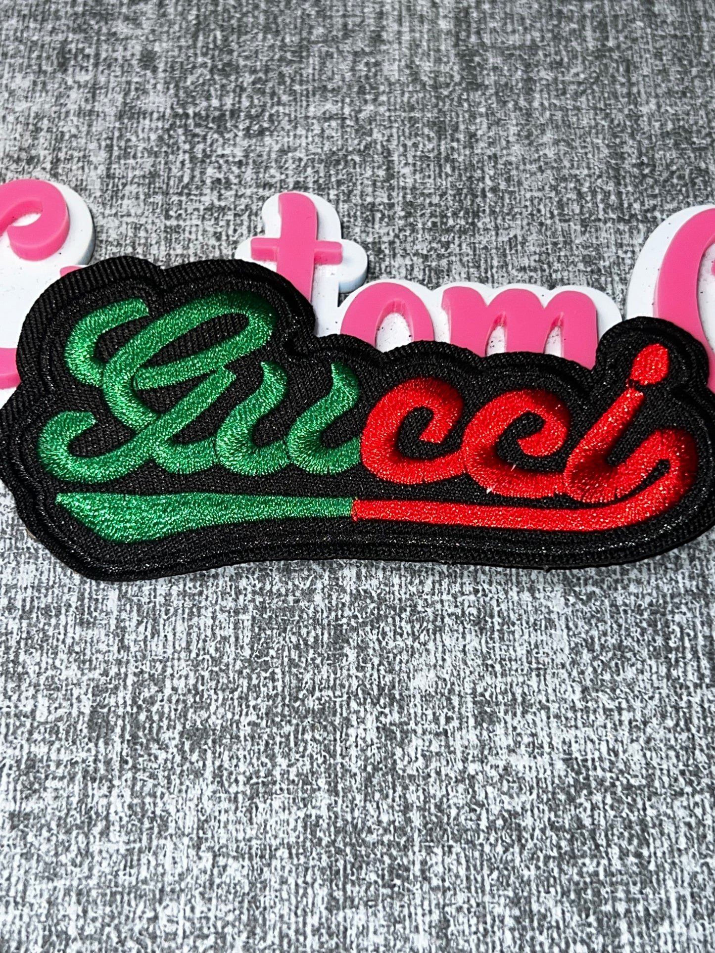 Green & Red Script Fashion Patch – Small Embroidered Lettering Iron On Applique