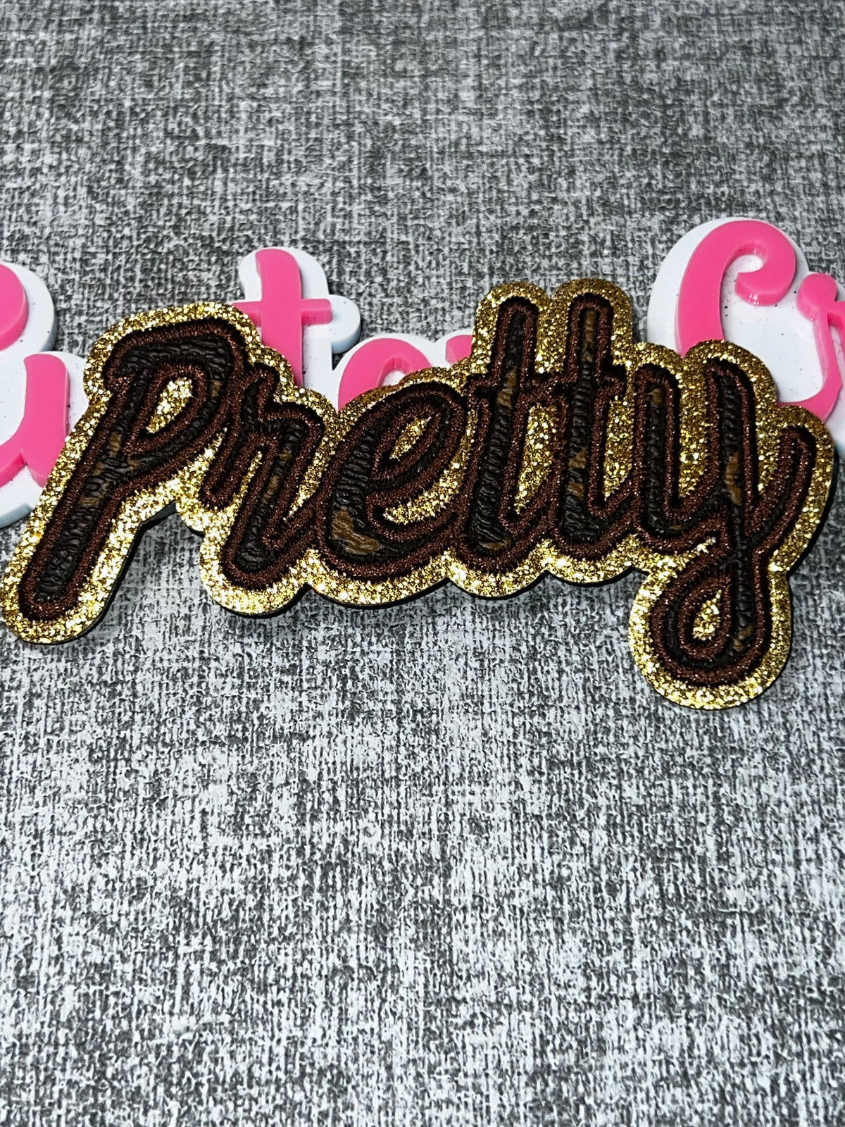 “Pretty” Brown Gold Script Patch – Glitter Embroidered Iron On Applique