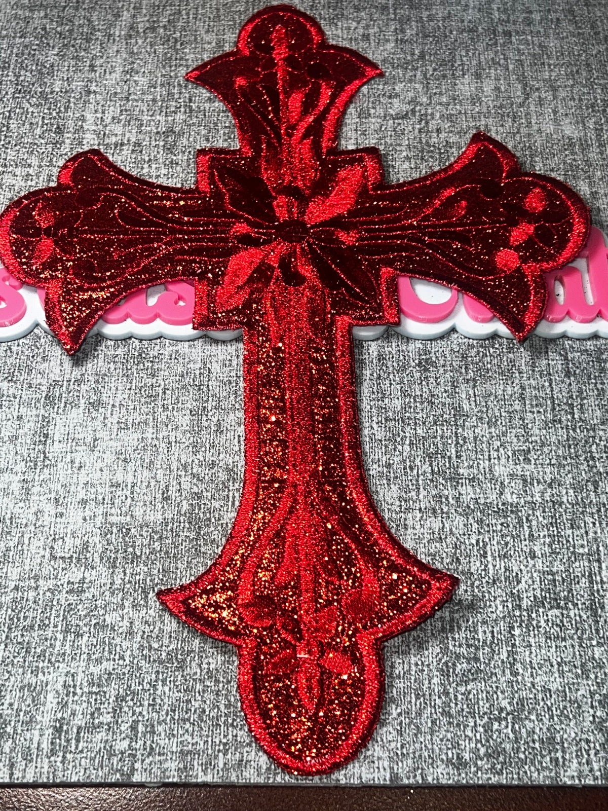Red Glitter Floral Cross Patch – Embroidered Iron On Applique