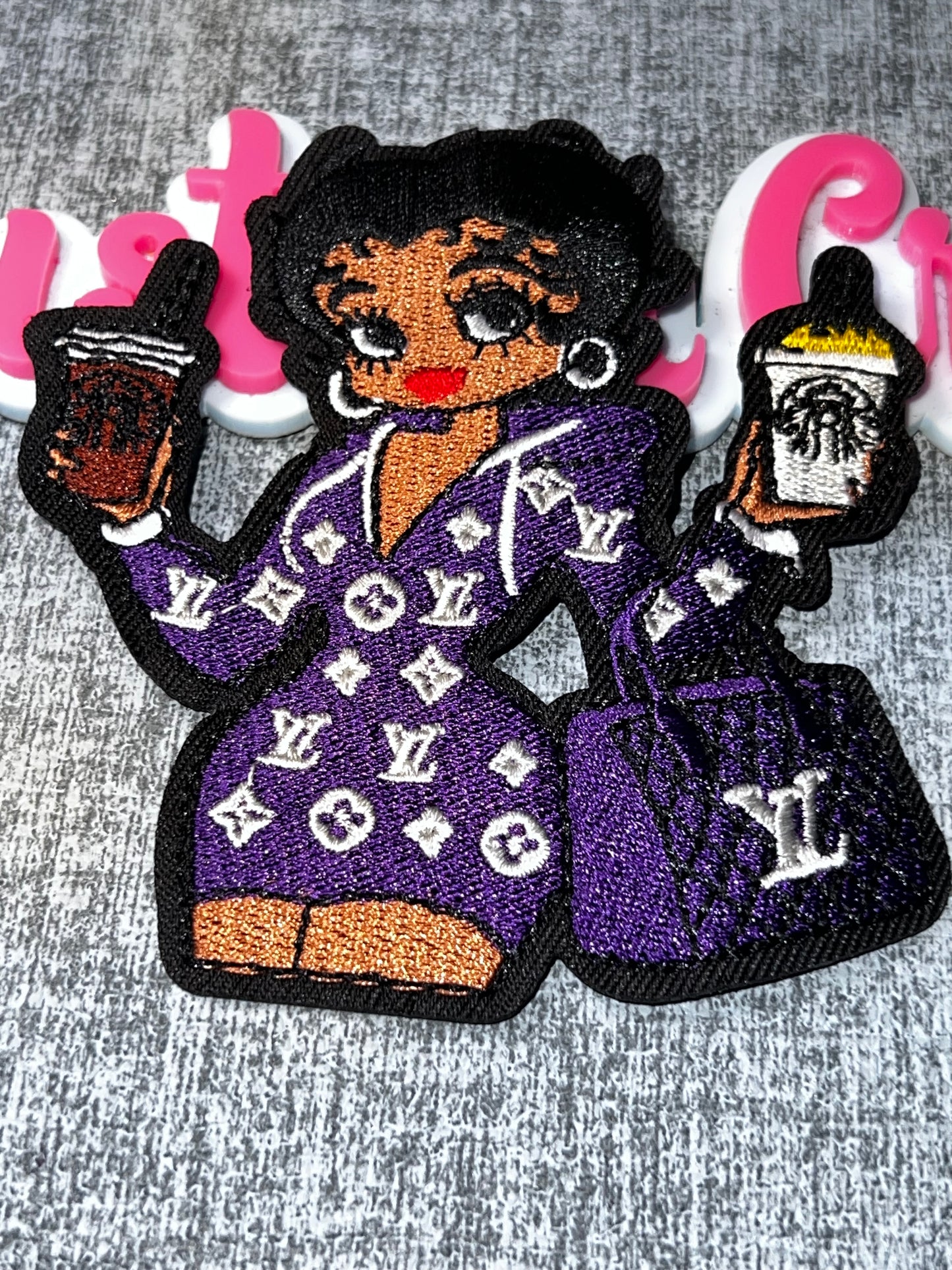Glam Coffee Fashion Girl Embroidered Patch – Purple Statement Iron On Applique – Approx. 5 Inches