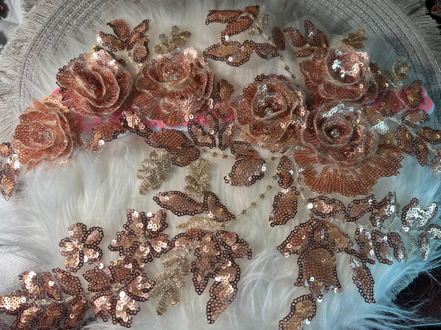 🧡✨ Rose Gold Sequin 3D Floral Appliqué