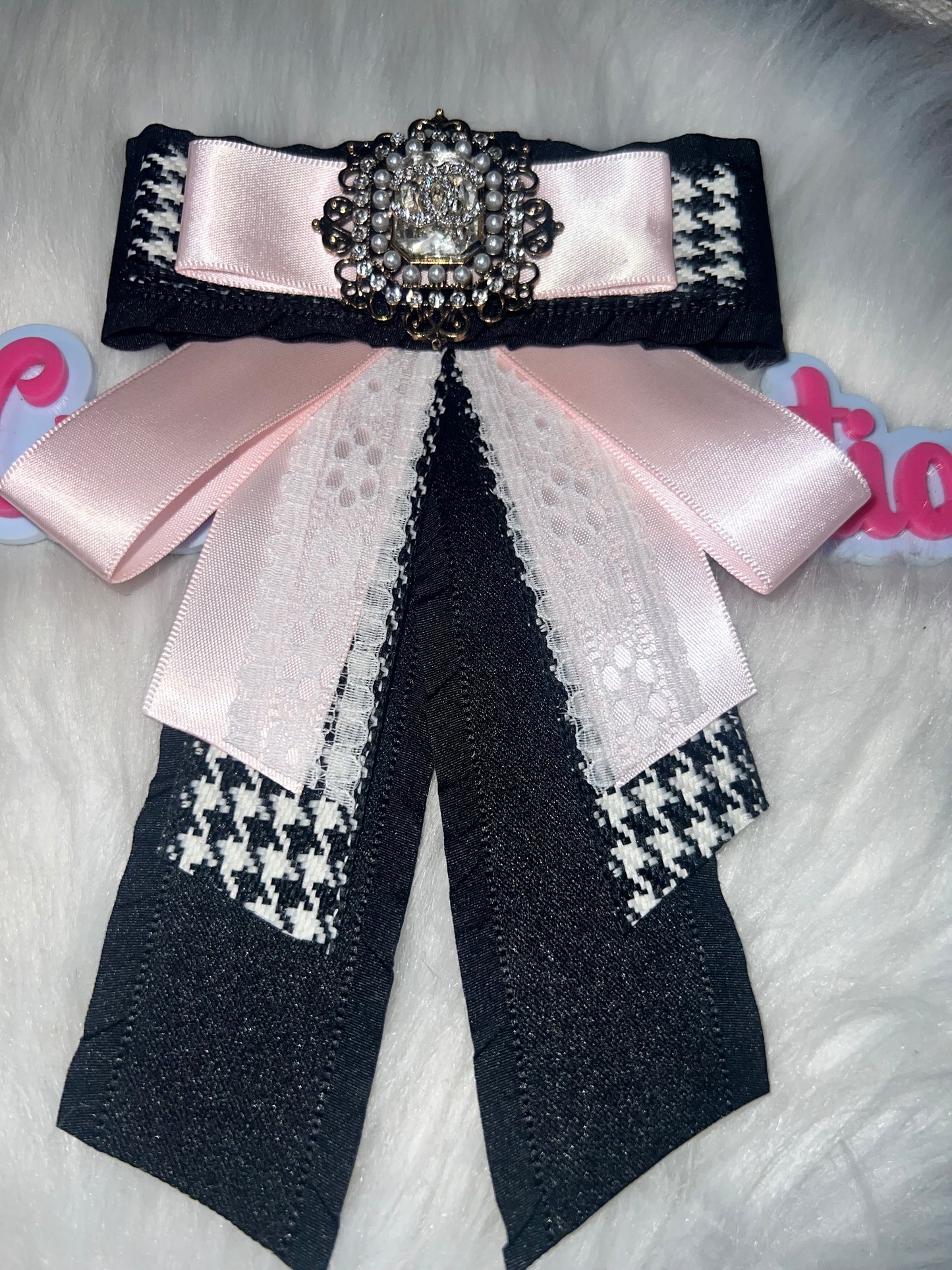 Pink & Houndstooth CC Ribbon Brooch Tie