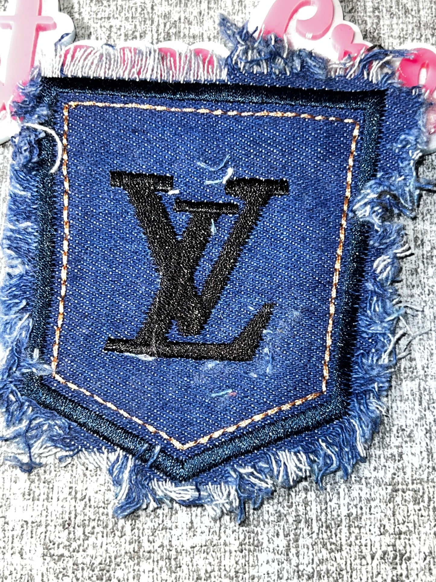Blue Denim Monogram Pocket Embroidered Patch – Frayed Pocket Iron On Applique – Approx. 4 Inches