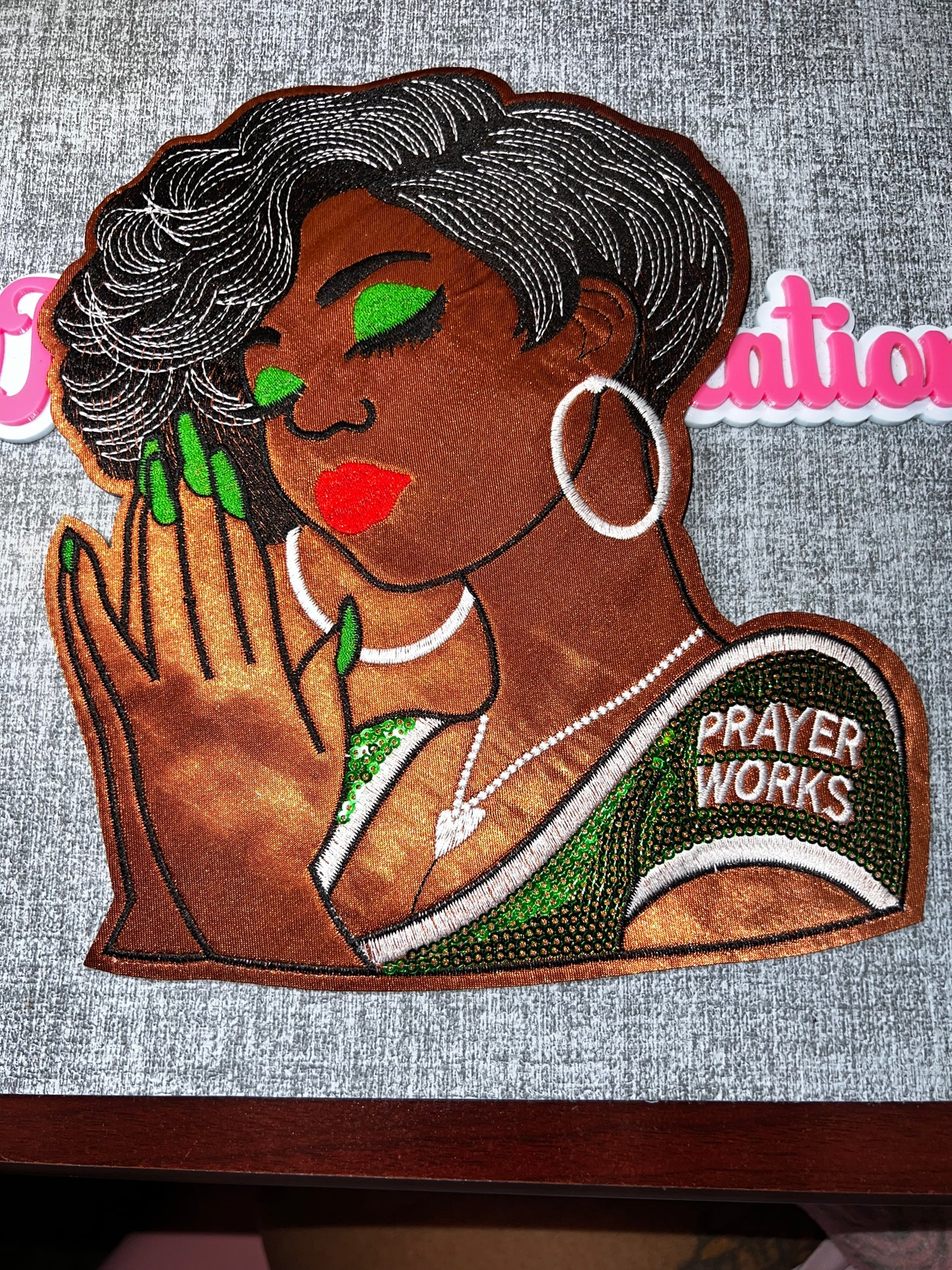 Prayer Works Side Profile Patch – Embroidered Sequin Applique (Green Accent) Large