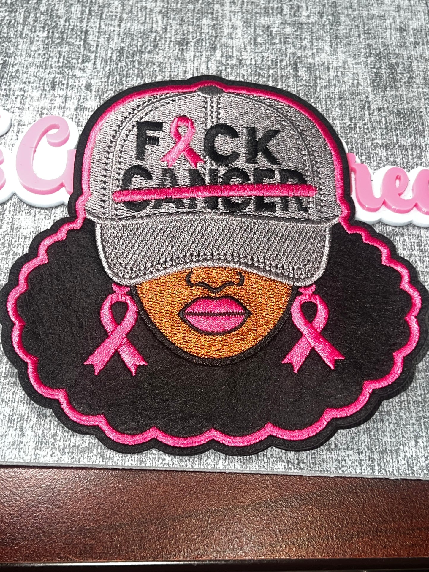 F*ck Cancer Gray Hat Woman Breast Cancer Awareness Patch – Embroidered Iron On Applique