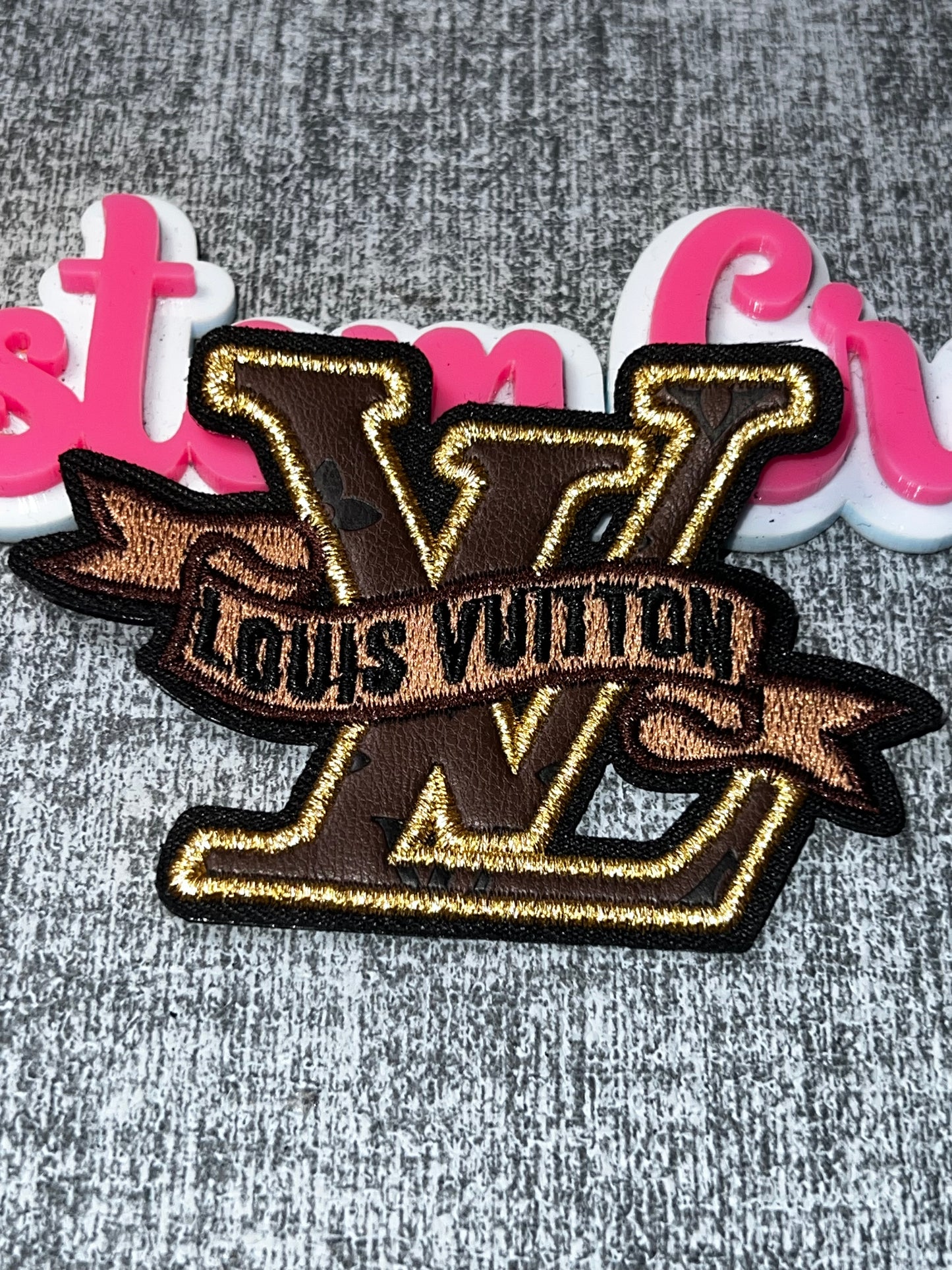 Brown Gold Ribbon Letter Fashion Patch – Embroidered Faux Leather Applique for DIY Fashion
