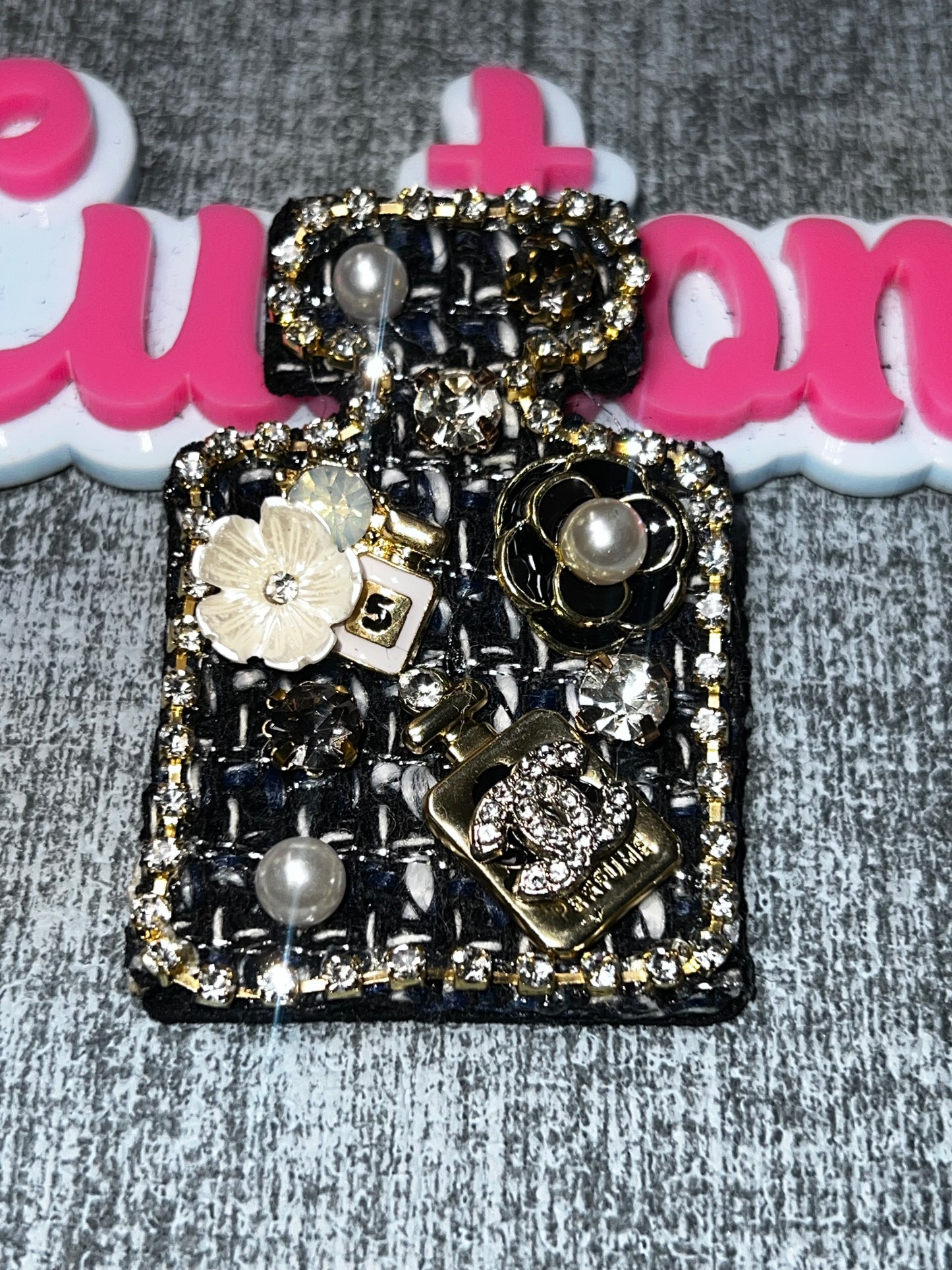Navy Blue Tweed Perfume Bottle Fashion Appliqué – Glam Decorative Embellishment