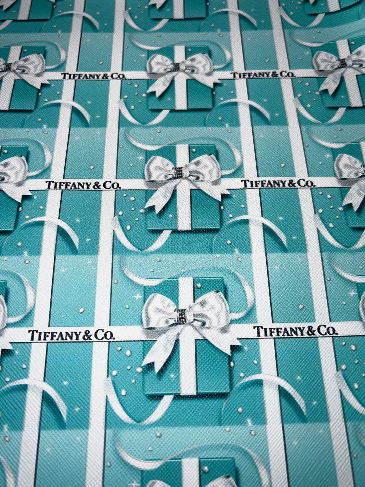 Blue Gift Box with White Ribbon Print Faux Leather Sheet – Luxury Style Craft Material for DIY Projects