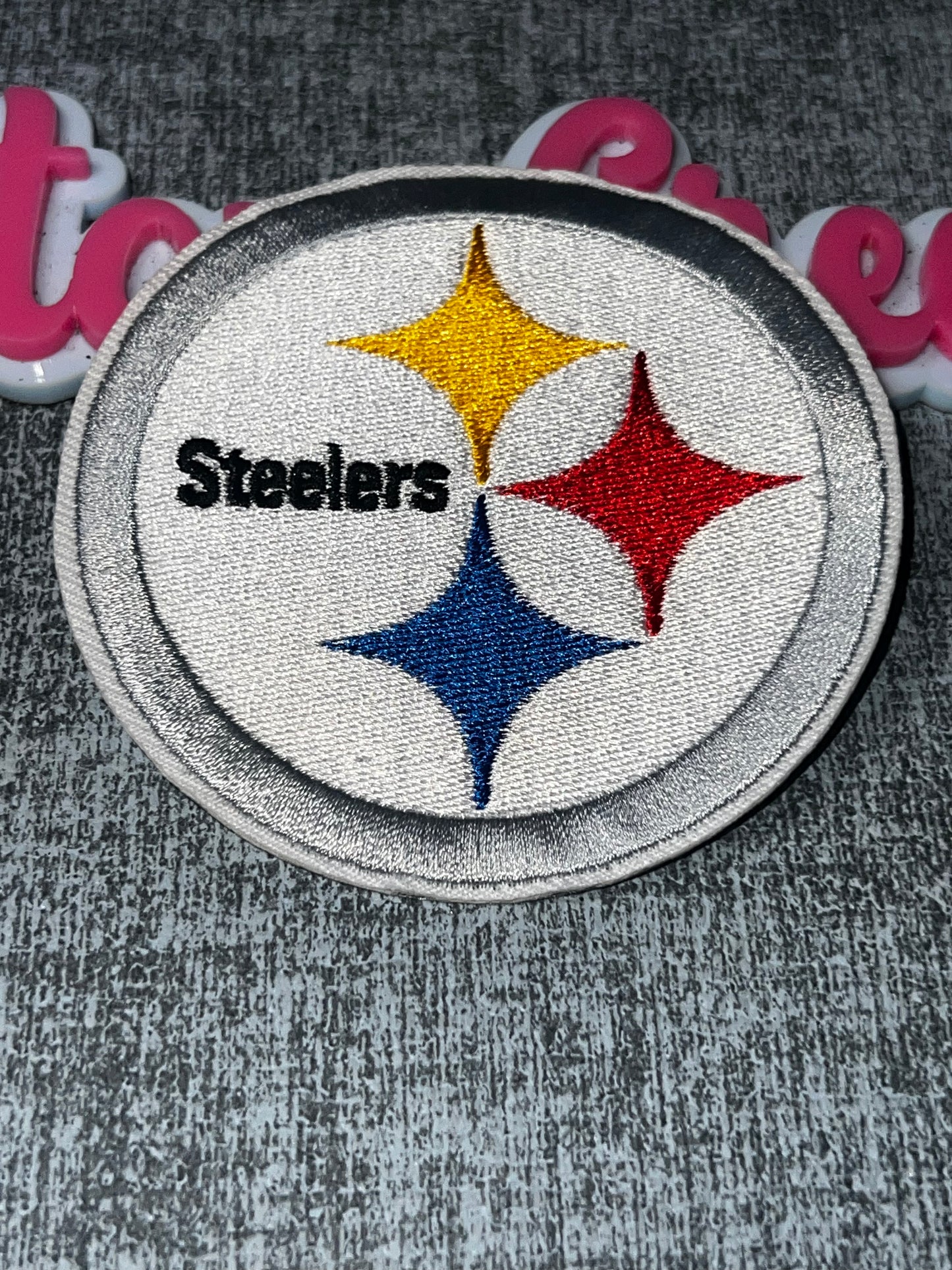 Round Embroidered Circle Iron-On Patch – Silver Border
