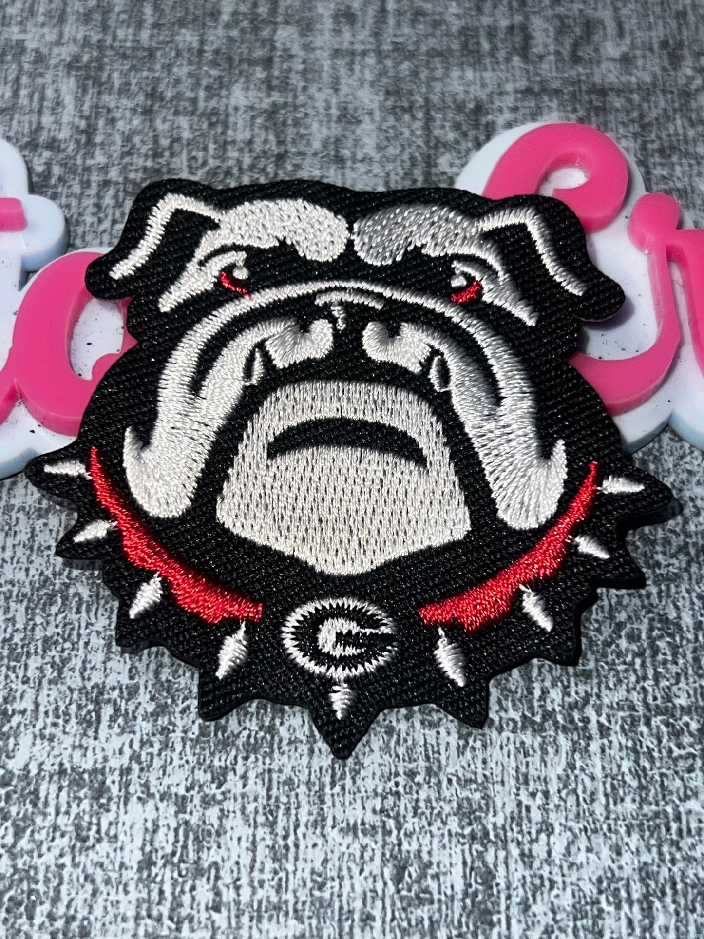 Bulldog Mascot Head Embroidered Iron-On Patch – Black, White & Red Animal Appliqué small