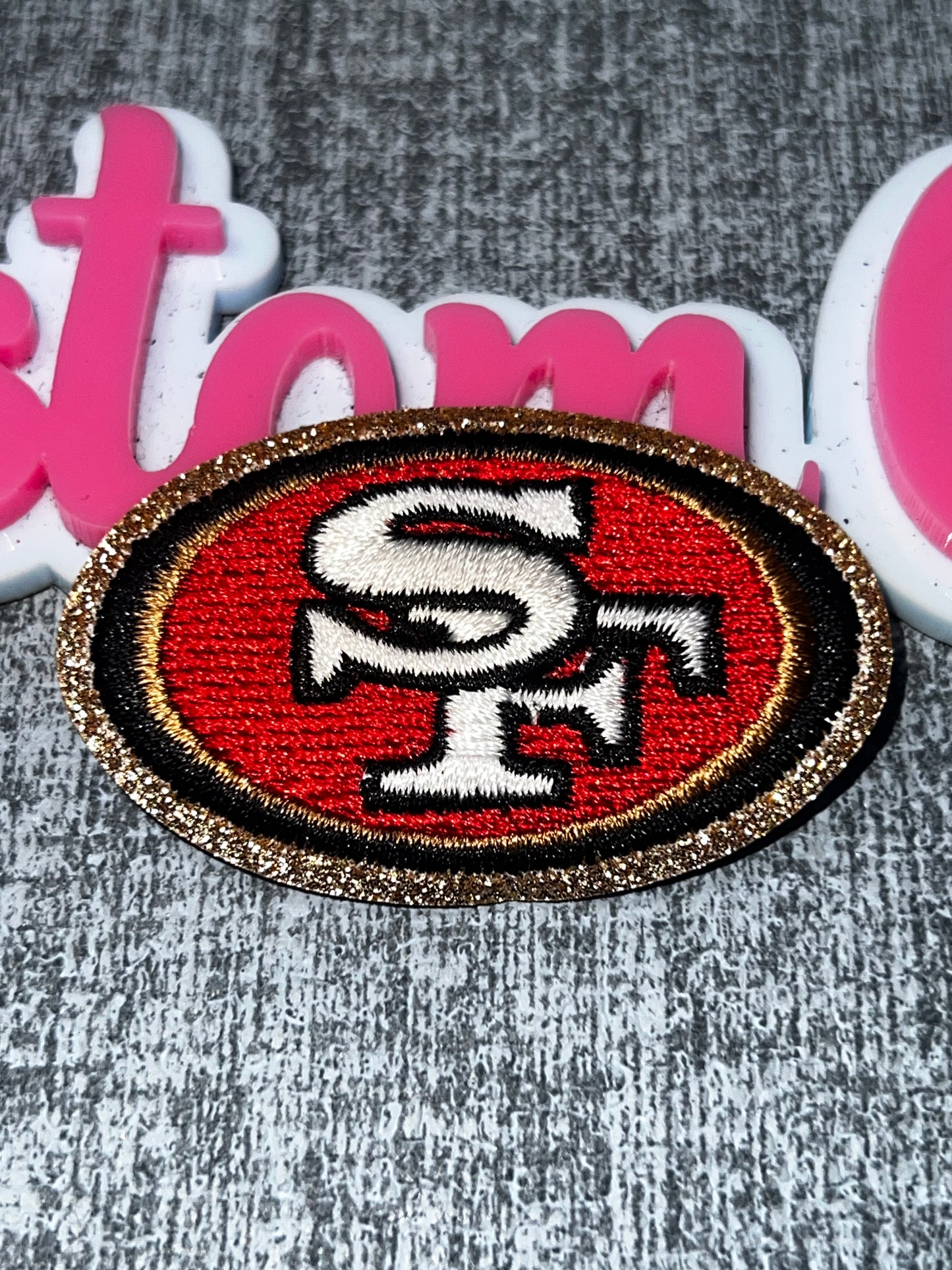 Glitter Oval Letter Embroidered Iron-On Patch | Red Gold Decorative Appliqué