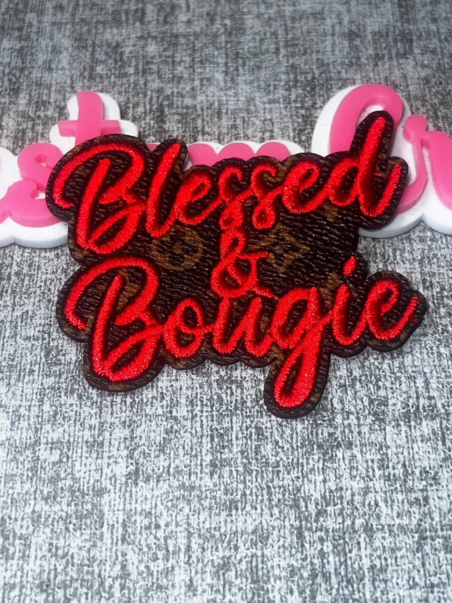 Blessed & Bougie Embroidered Iron-On Patch | Red Script Fashion Appliqué