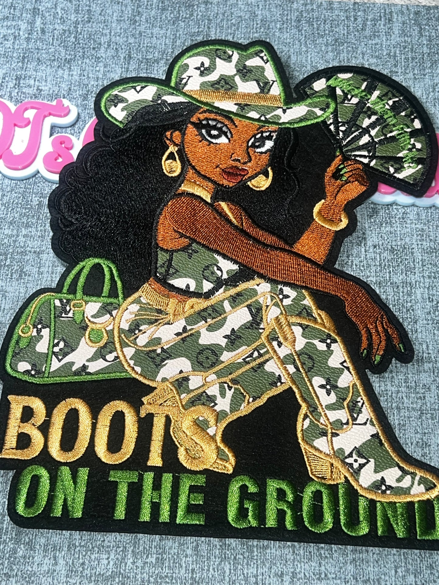 Green Camo Fashion Woman Embroidered Iron-On Patch | Boots on the Ground Applique for Jackets and Bags