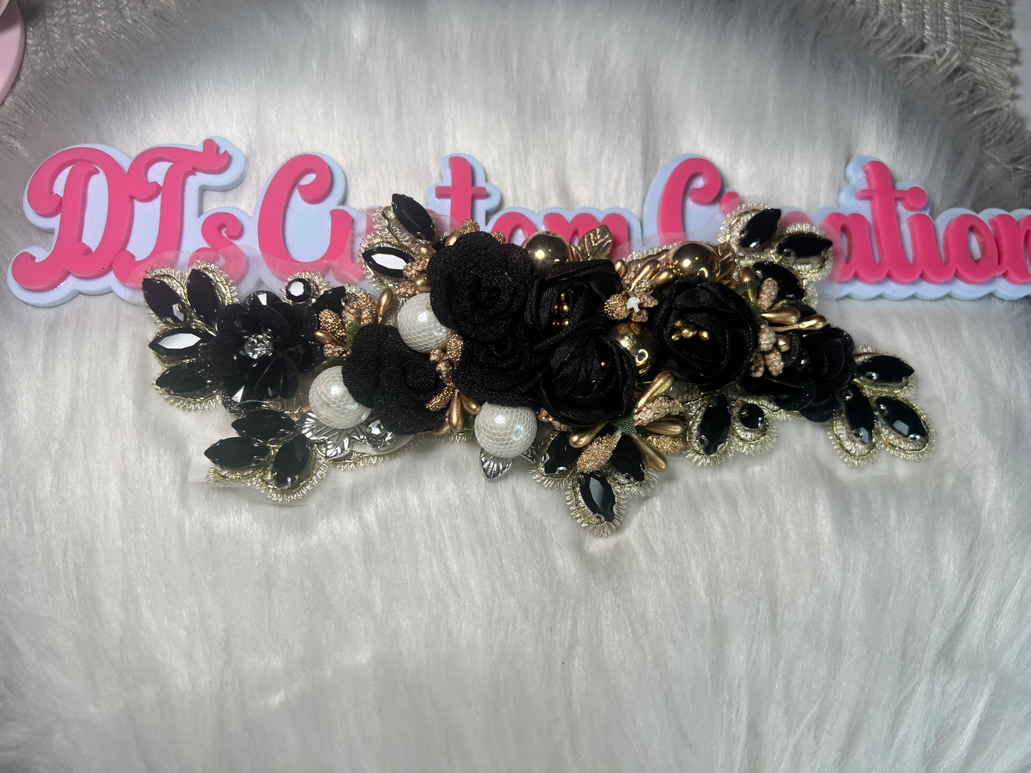 🖤 Black & Gold Glam Floral Rhinestone Appliqué