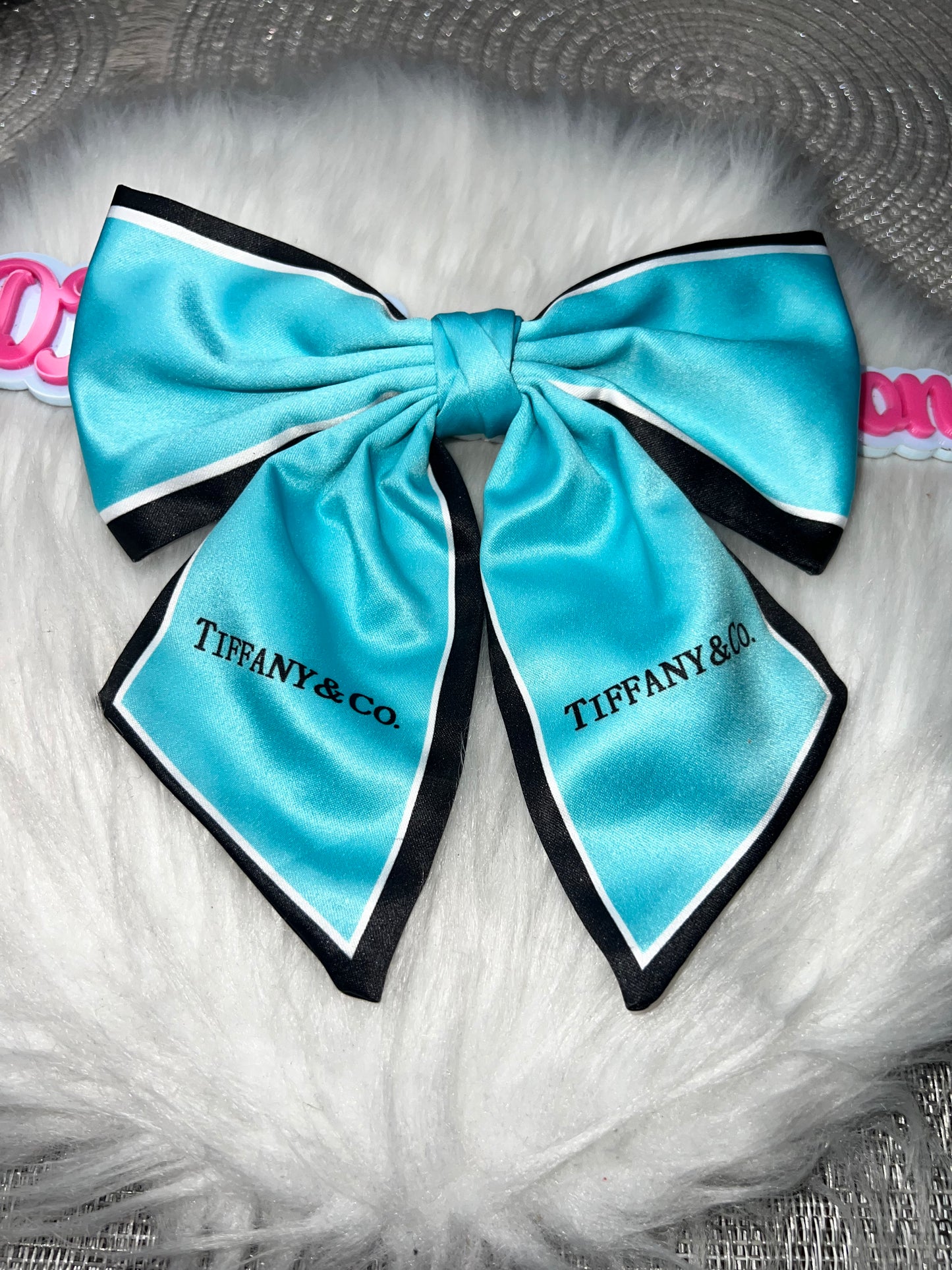 Aqua Satin Designer-Inspired Hair Bow (Black Trim)