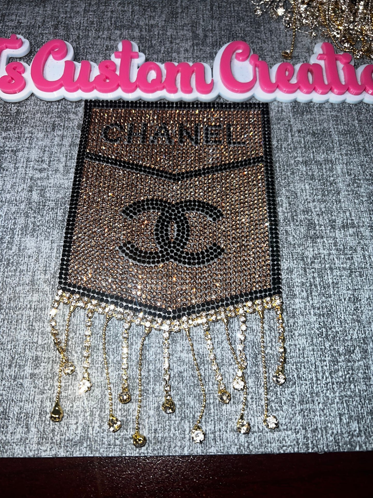 Rhinestone Drip Pocket Patch – Bling Fringe Fashion Applique | Gold, Black, Clear | Rhinestones / Fabric / Metal Chain