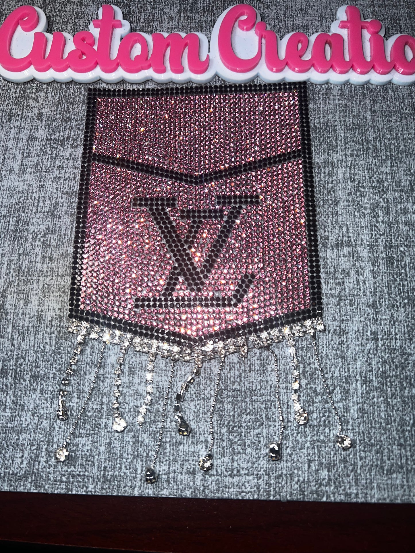 Rhinestone Drip Pocket Patch – Bling Fringe Fashion Applique | Pink, Black, Clear | Rhinestones / Fabric / Metal Chain