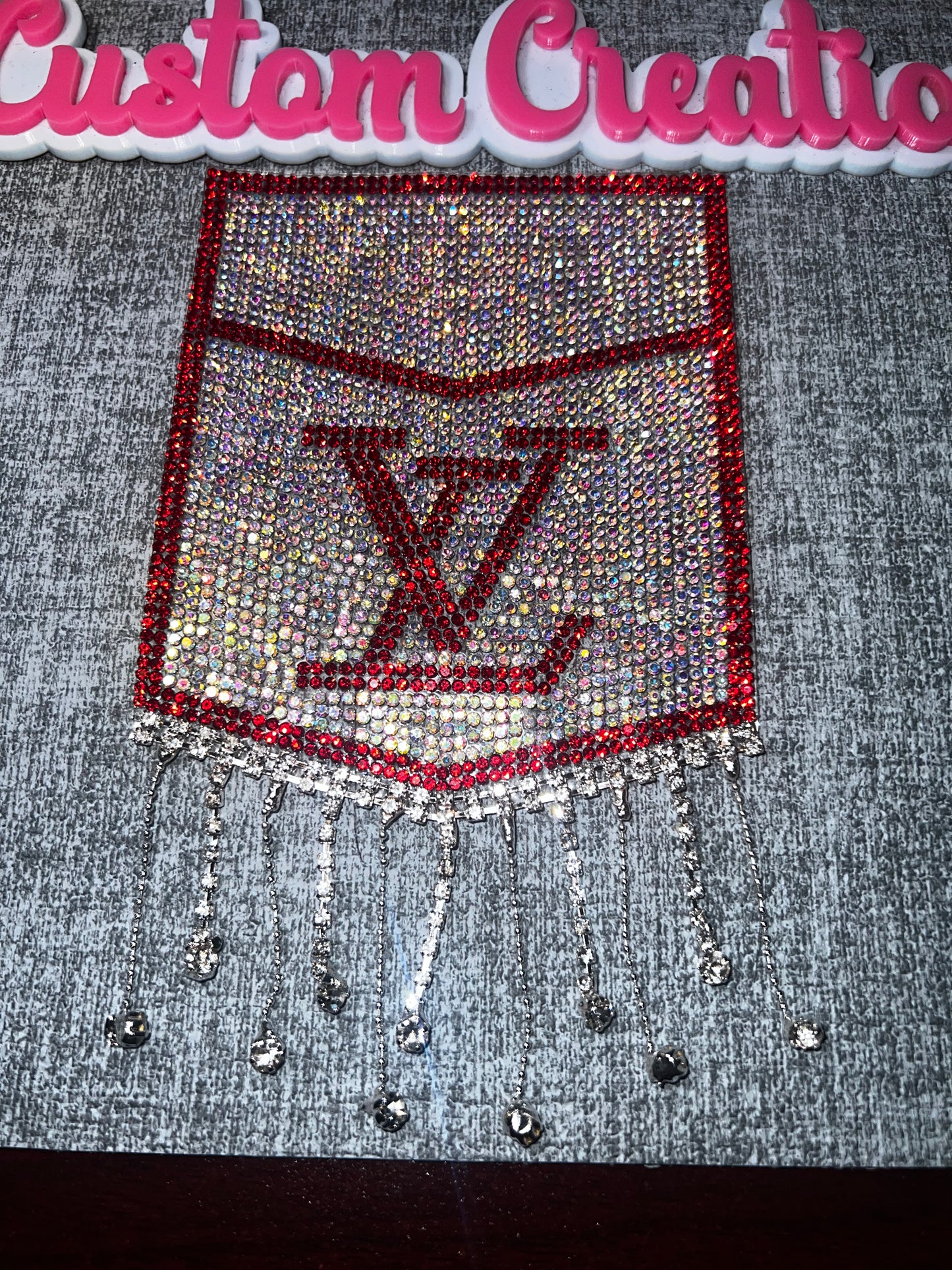 Rhinestone Drip Pocket Patch – Bling Fringe Fashion Applique | Red, AB Crystal, Silver | Rhinestones / Fabric / Metal Chain