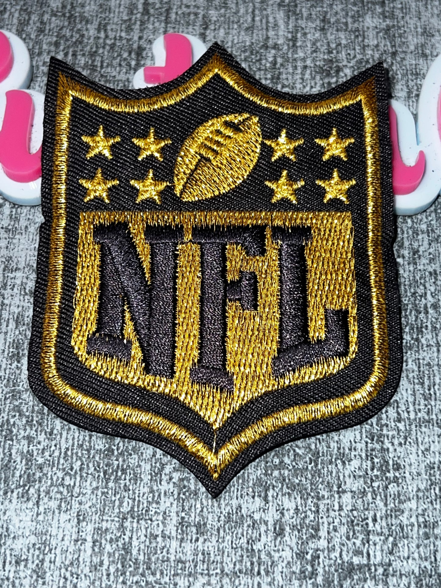 Metallic Gold & Charcoal Gray Purplish Shield Embroidered Iron-On Patch | Premium Embroidered Appliqué