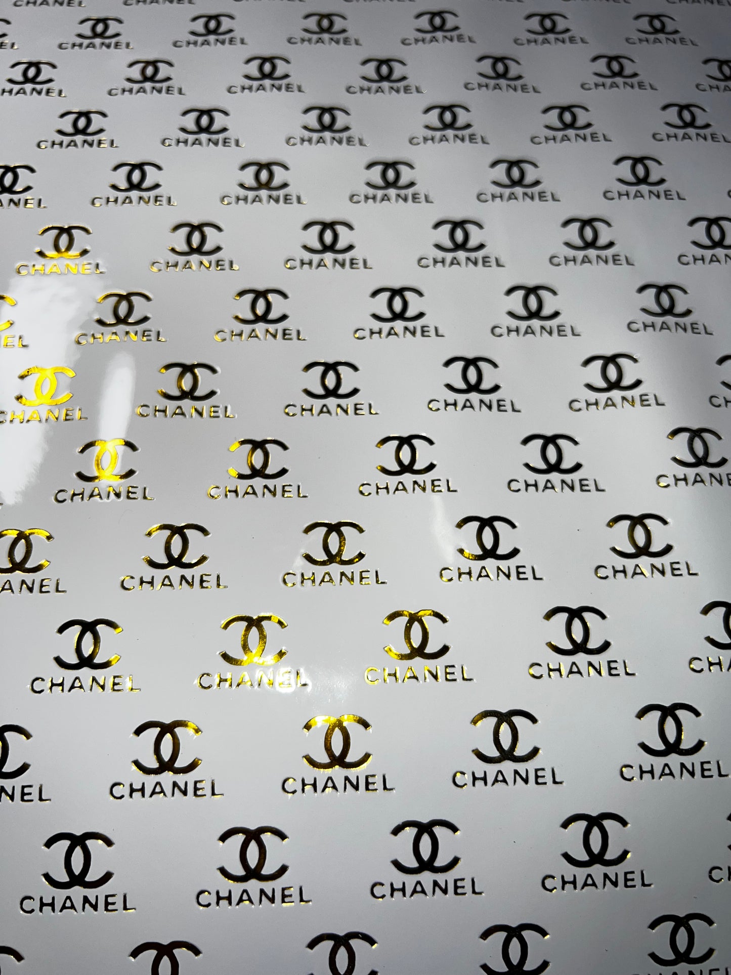 White and Gold Logo Faux Leather Sheet 9x12 | Glossy Craft Faux Leather