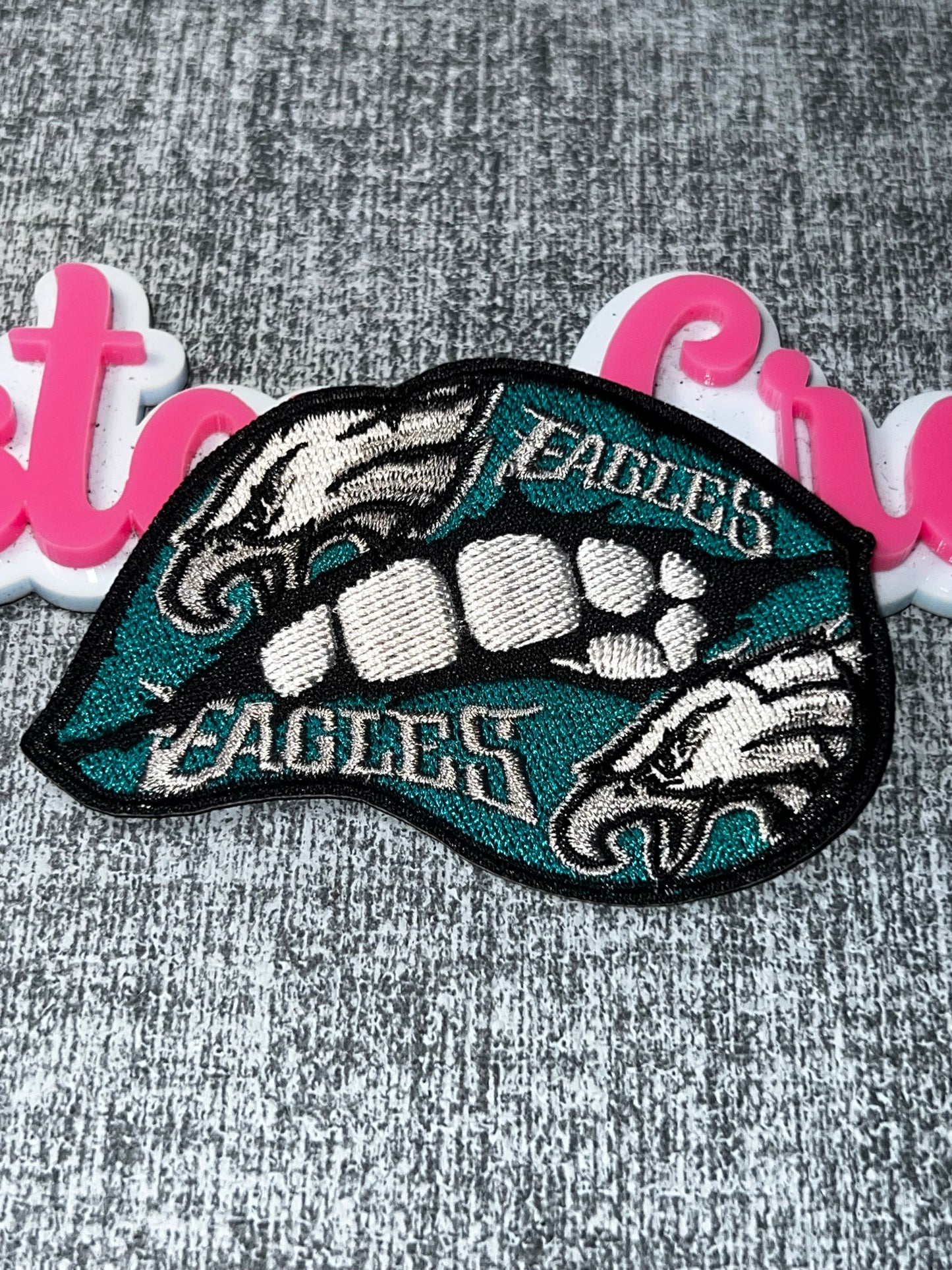 Teal Black and White Lips Embroidered Iron-On Patch | Bold Mouth Shape Applique for Jackets and Bags