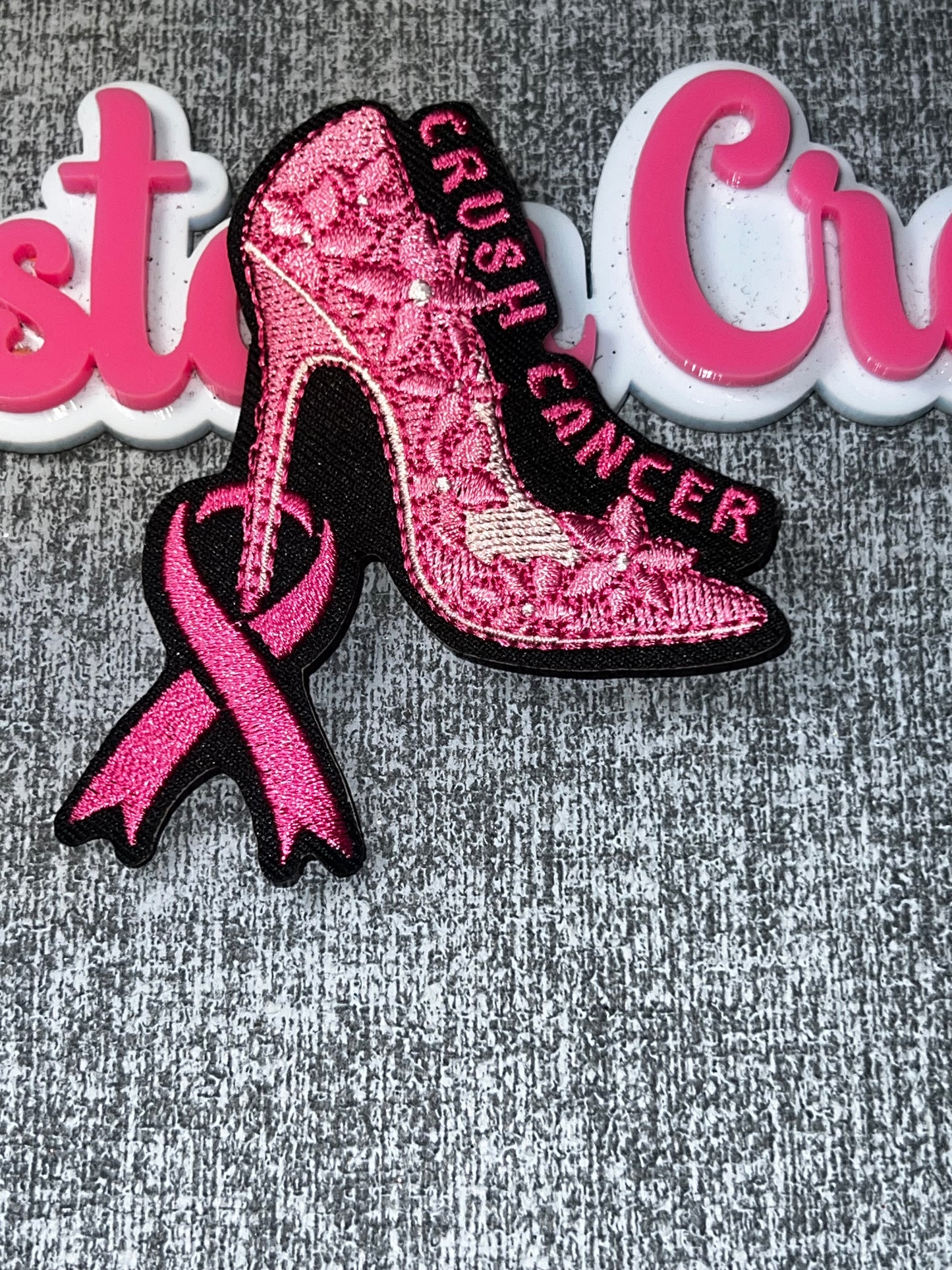 Crush Cancer Pink High Heel Embroidered Iron-On Patch | Cancer Awareness Ribbon Shoe Applique for Jackets and Bags