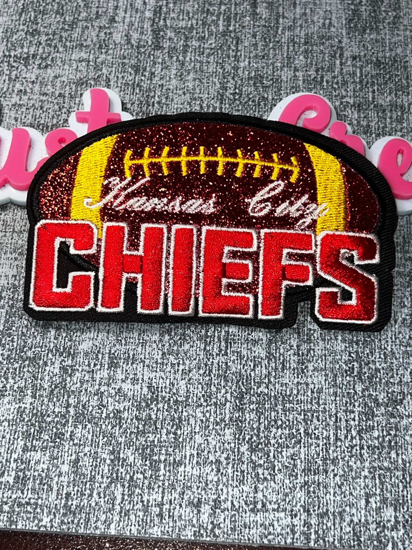 Red Gold Glitter Embroidered Iron-On Patch | Sports Applique for Jackets Bags and Hats