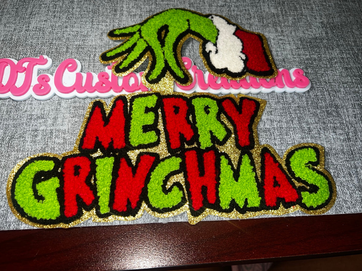 Green Holiday Hand Merry Lettering Patch – Chenille Glitter Iron-On Applique