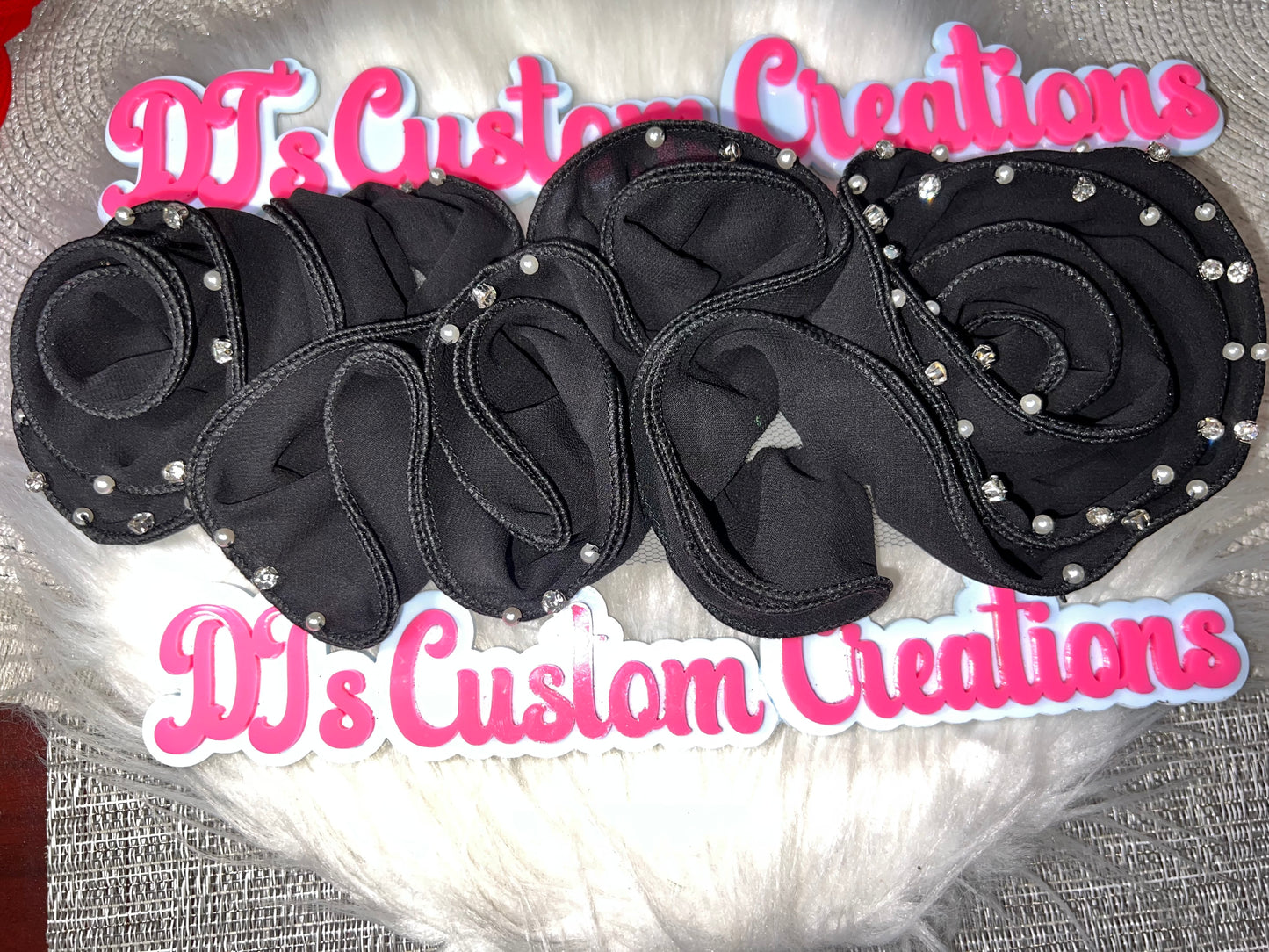 Black Rhinestone & Pearl Chiffon Rose Appliqué
