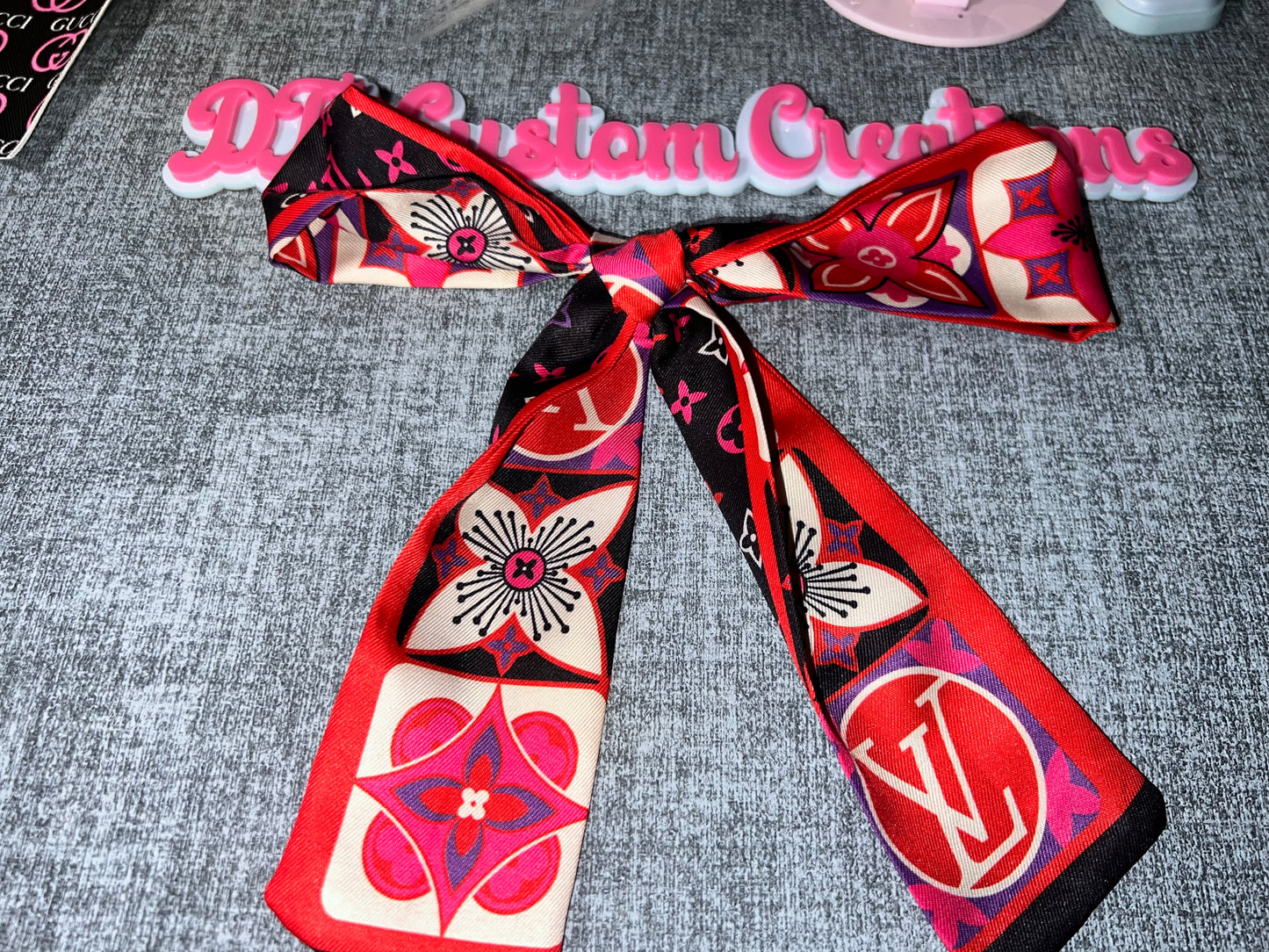 Red Multi-Print Satin Scarf Bow – Luxury Style Hair Accessory