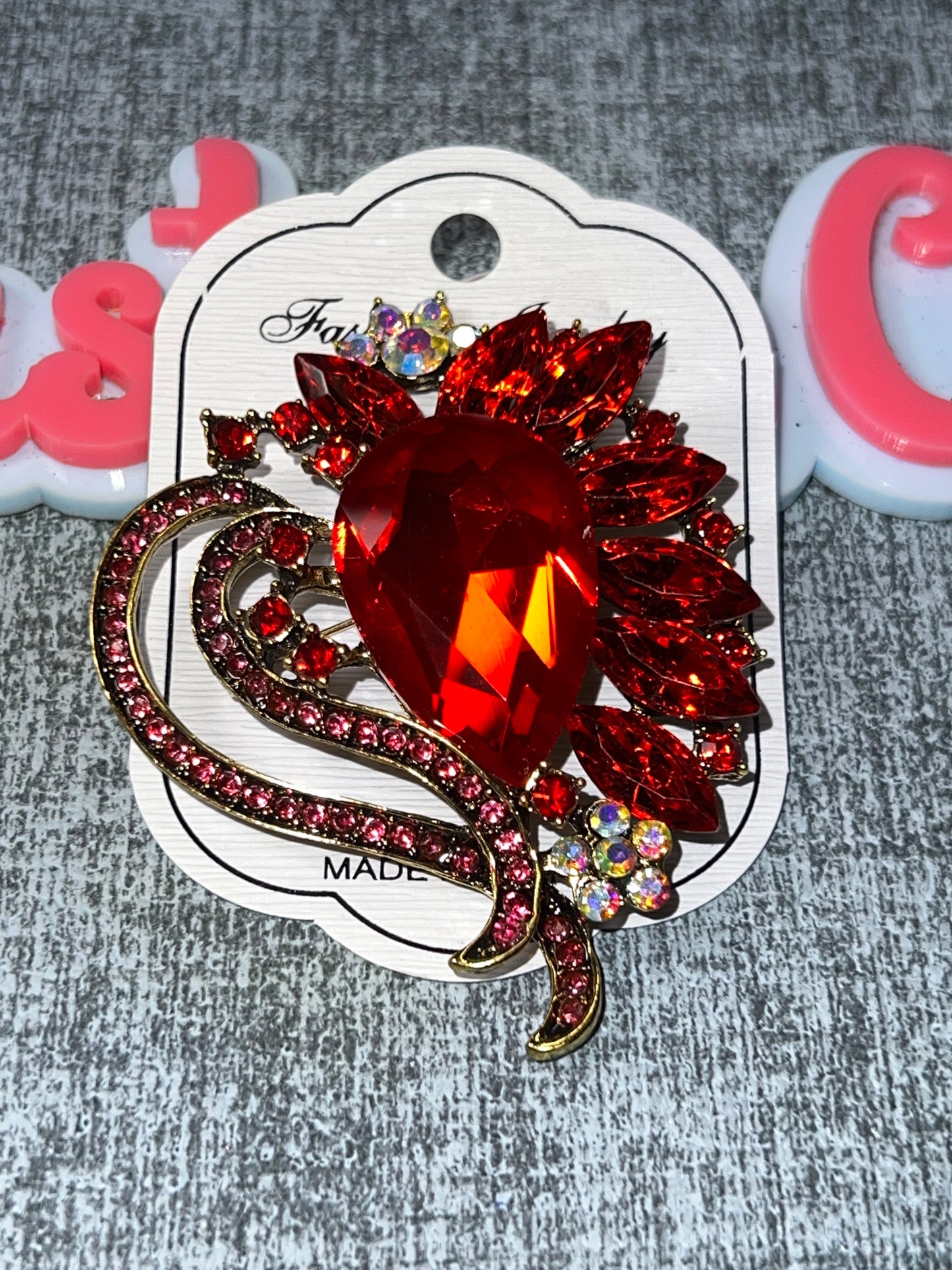 Ruby Red Crystal Flower Brooch Pin – Elegant Statement Jewelry