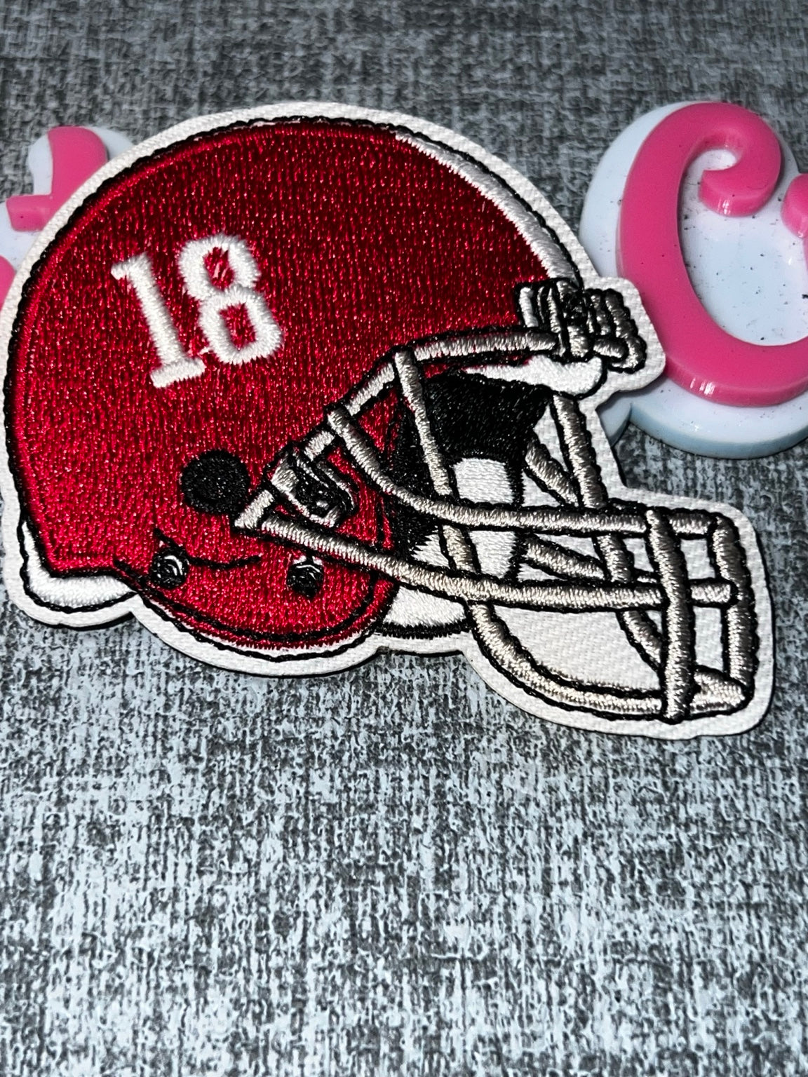 Crimson Number 18 Helmet Graphic Embroidered Iron-On Patch