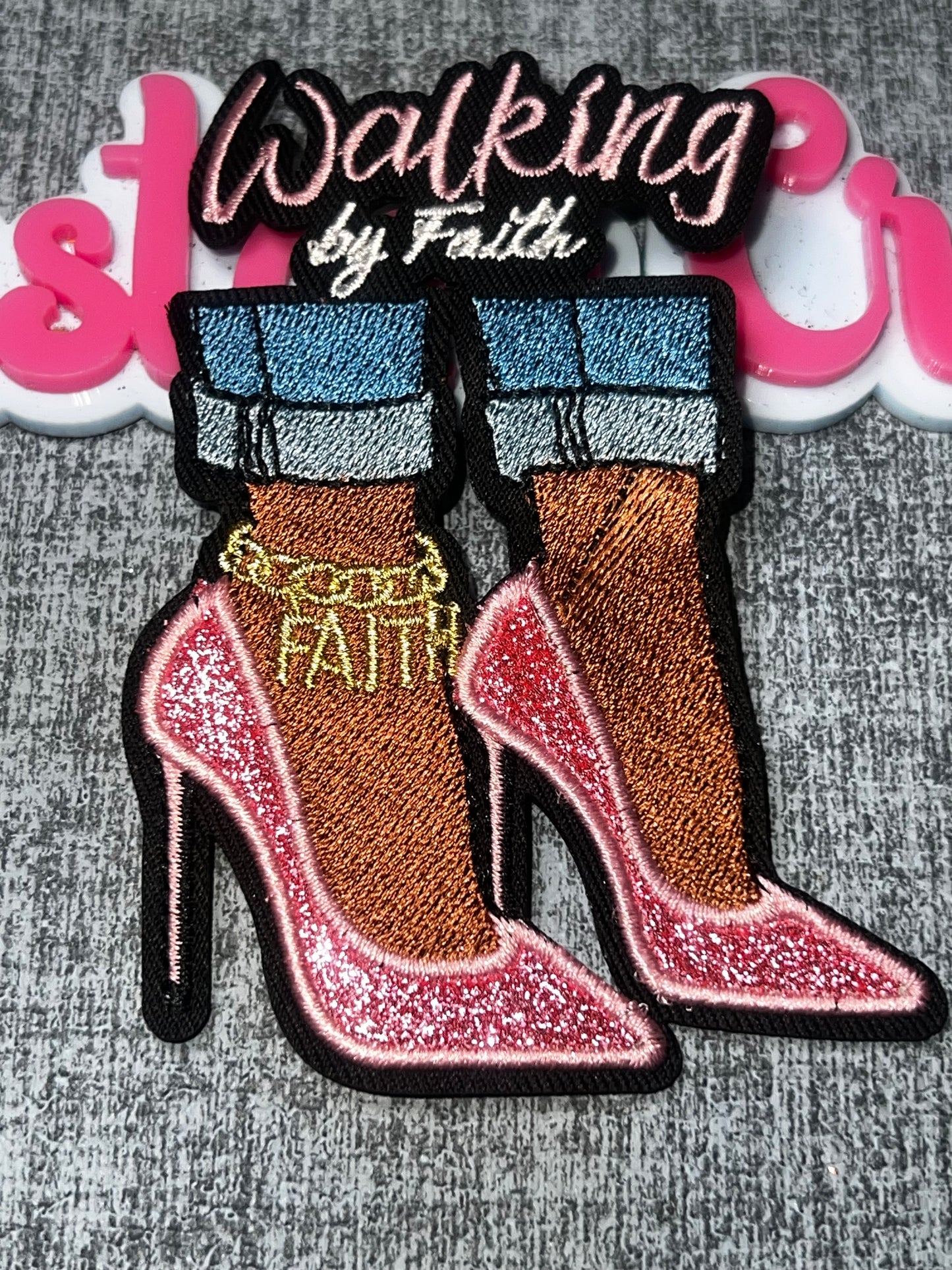 Walking by Faith Pink Glitter Heels Embroidered Iron-On Patch | Fashion Appliqué