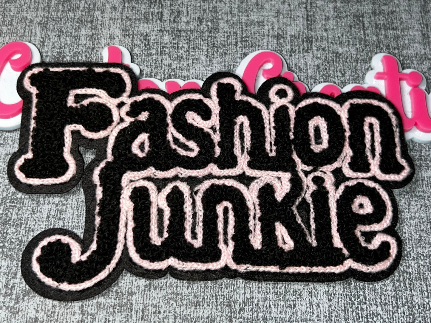 Fashion Junkie Patch Black Pink White Embroidered Iron On Patch