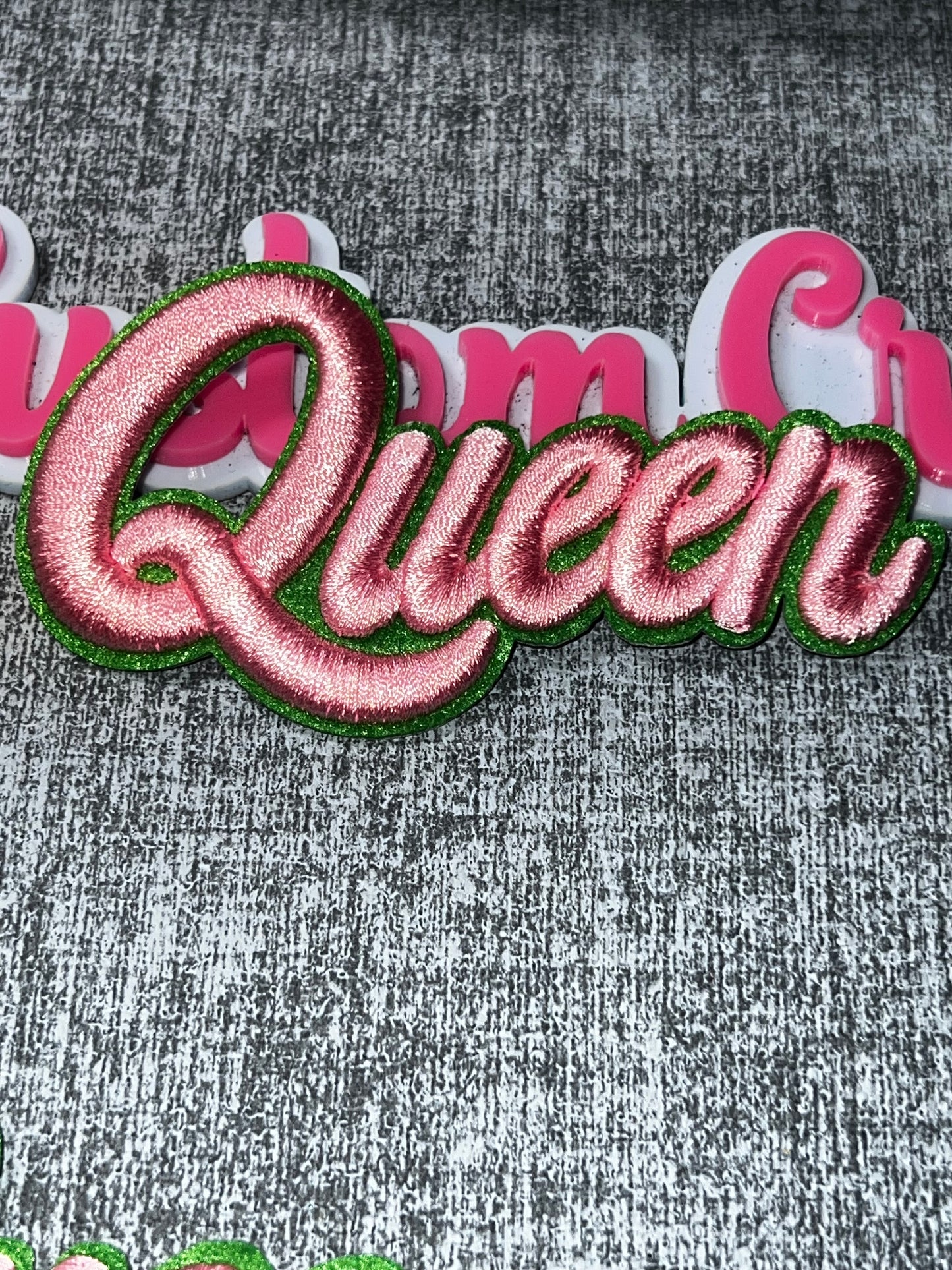 Pink Queen Script Embroidered Patch – Green Outline Iron On Applique AKA colors