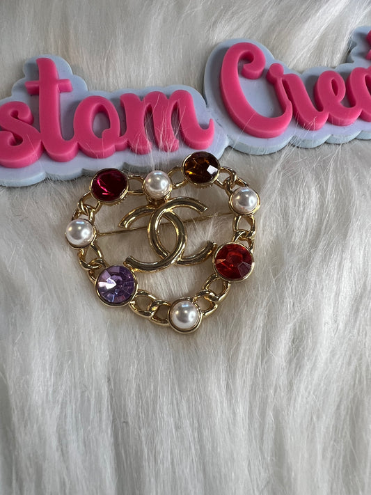 Gold Multi-Color Rhinestone CC Heart Brooch