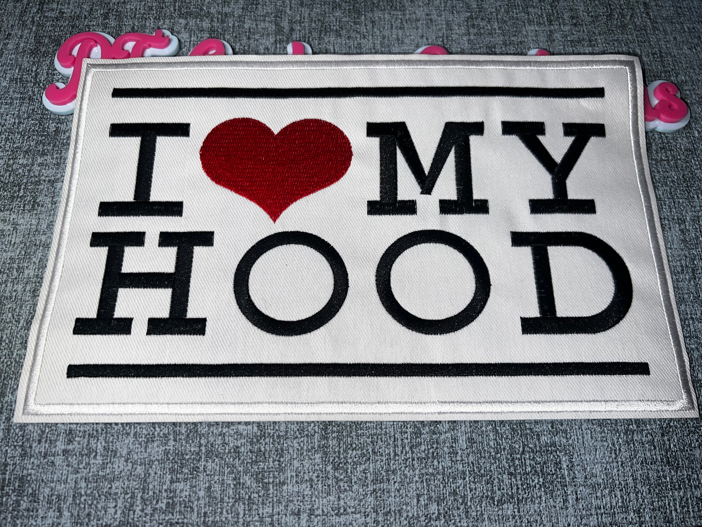 Luxe “I ❤️ My Hood” Embroidered Statement Patch – Black, Red & White Rectangle