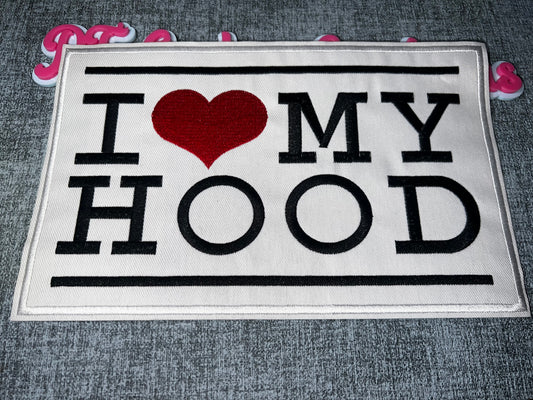 Luxe “I ❤️ My Hood” Embroidered Statement Patch – Black, Red & White Rectangle