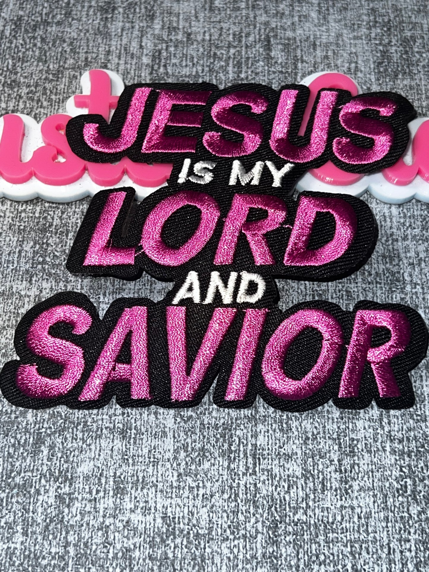 Pink, Black & White “Jesus Is My Lord and Savior” Embroidered Patch – Faith Statement Applique