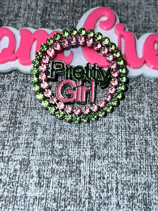 Silver, Pink & Green Rhinestone “Pretty Girl” Circle Brooch Pin – Luxe Statement Embellishment AKA colors
