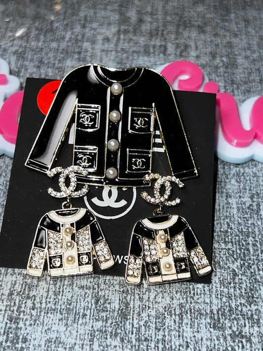 Black Glam Jacket Jewelry Set – Fashion Brooch & Earring Set