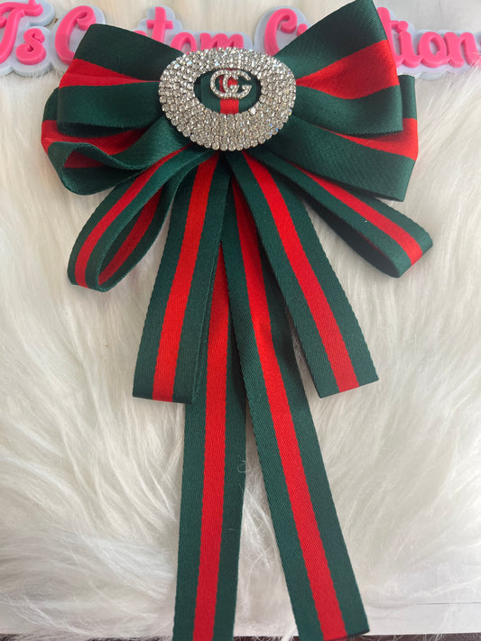 Red Green Bow Ribbon GG Brooch