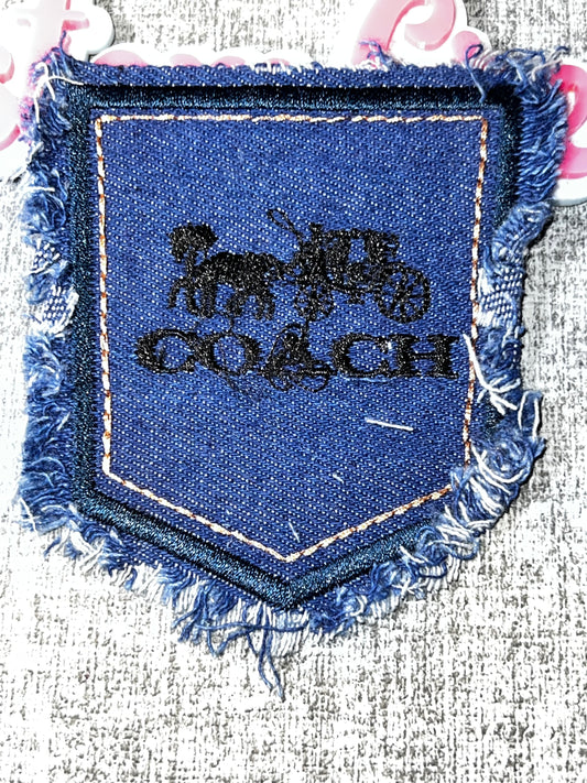 Denim Pocket Carriage Embroidered Patch – Blue Frayed Pocket Iron On Applique – Approx. 4 Inches