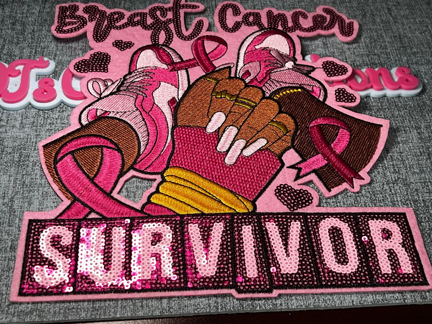 Breast Cancer Survivor Pink Sequin Patch – Woman Hands & Awareness Ribbon Embroidered Applique