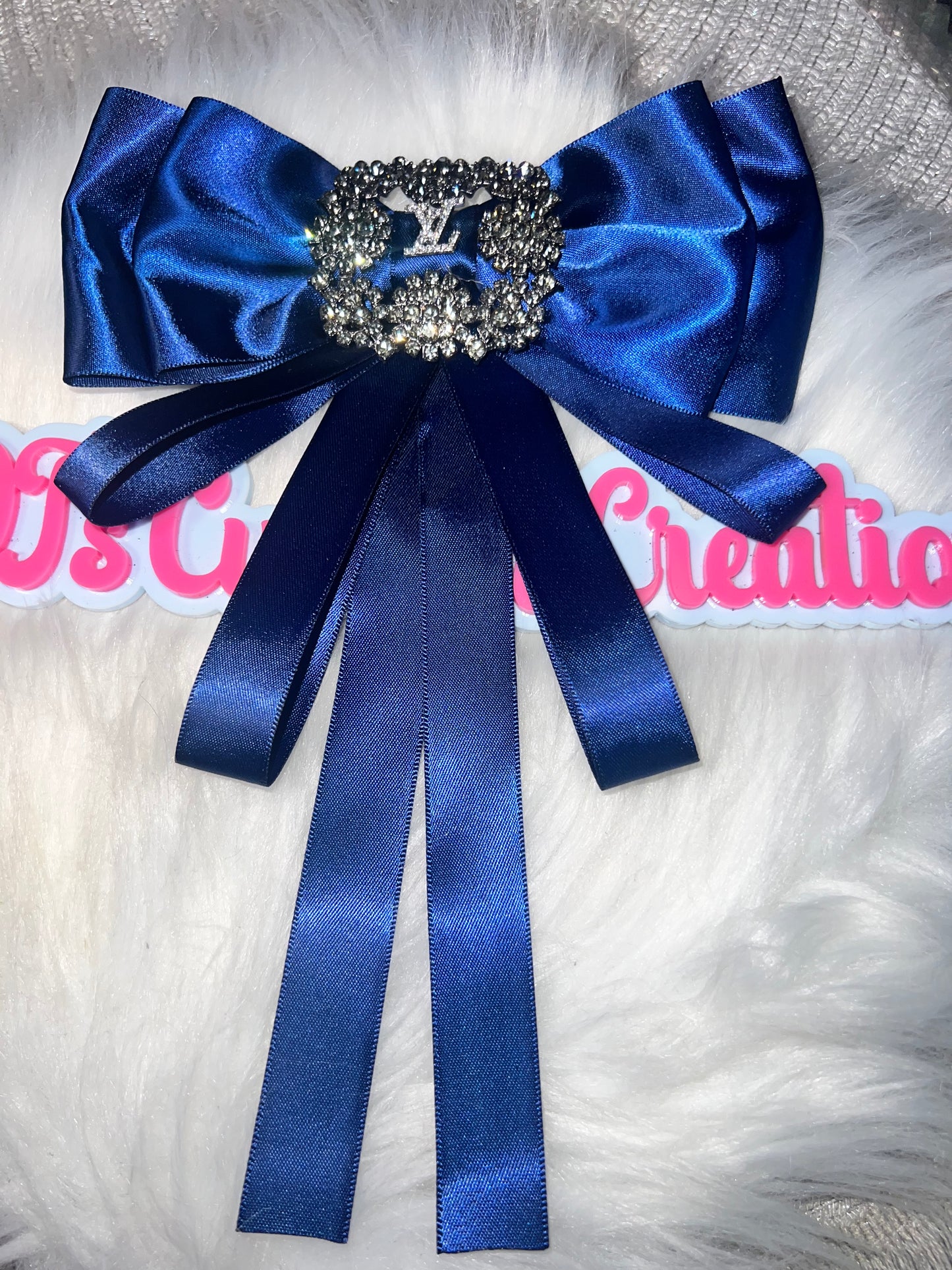 Navy Satin Rhinestone Initial Bow Brooch