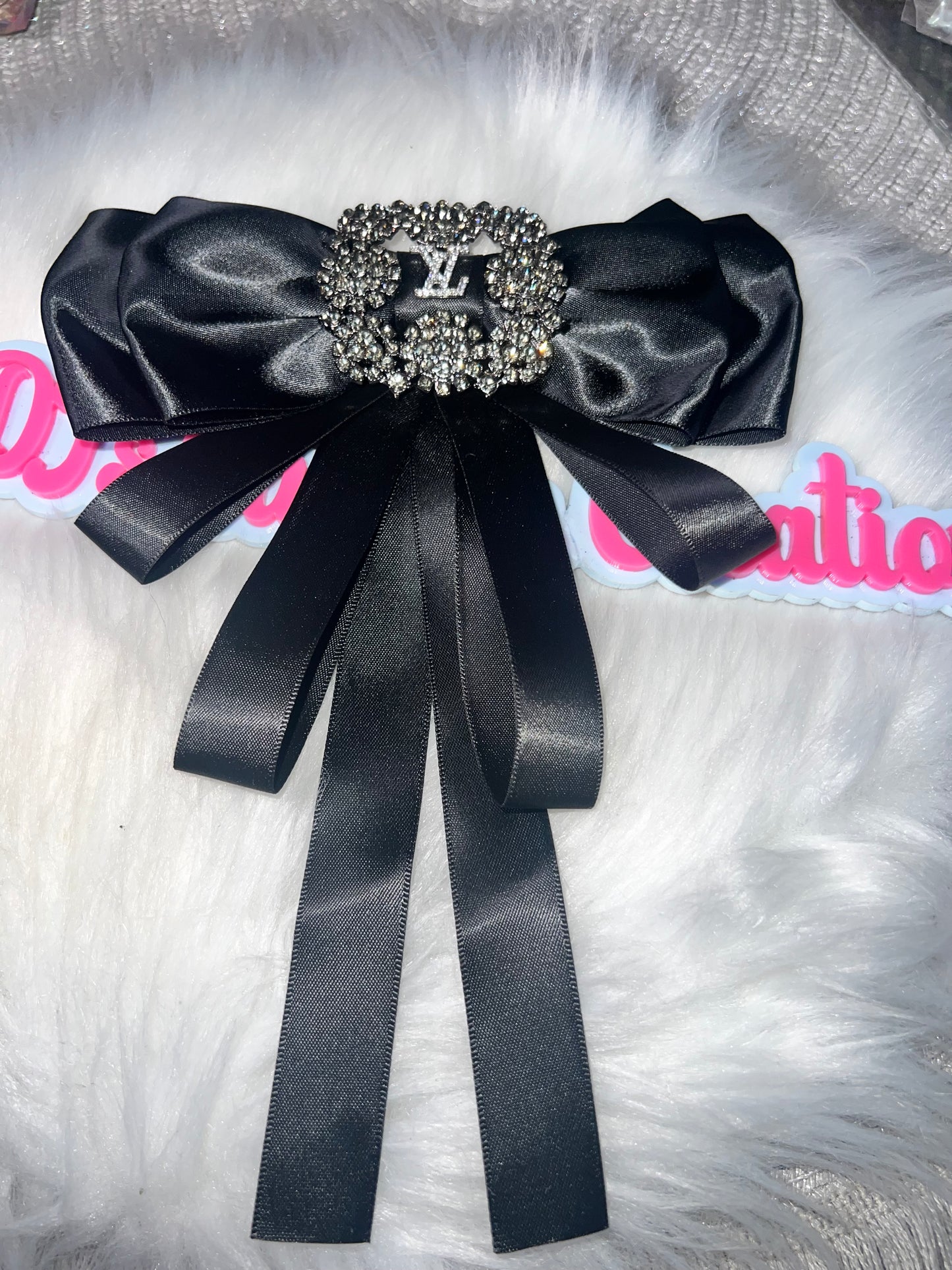 Black Satin Rhinestone Initial Bow Pin Brooch