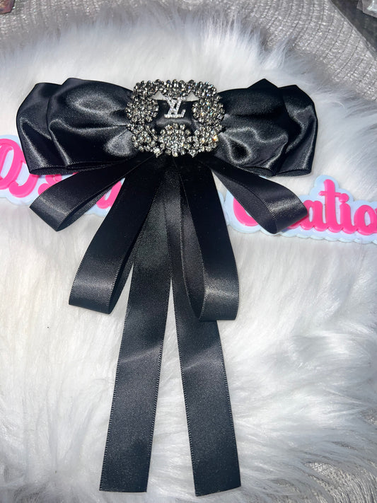 Black Satin Rhinestone Initial Bow Pin Brooch