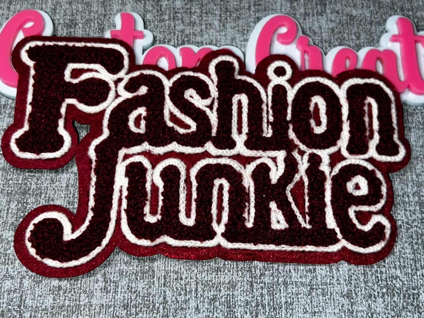 Fashion Junkie Patch Burgundy White Chenille Embroidered Iron On Patch