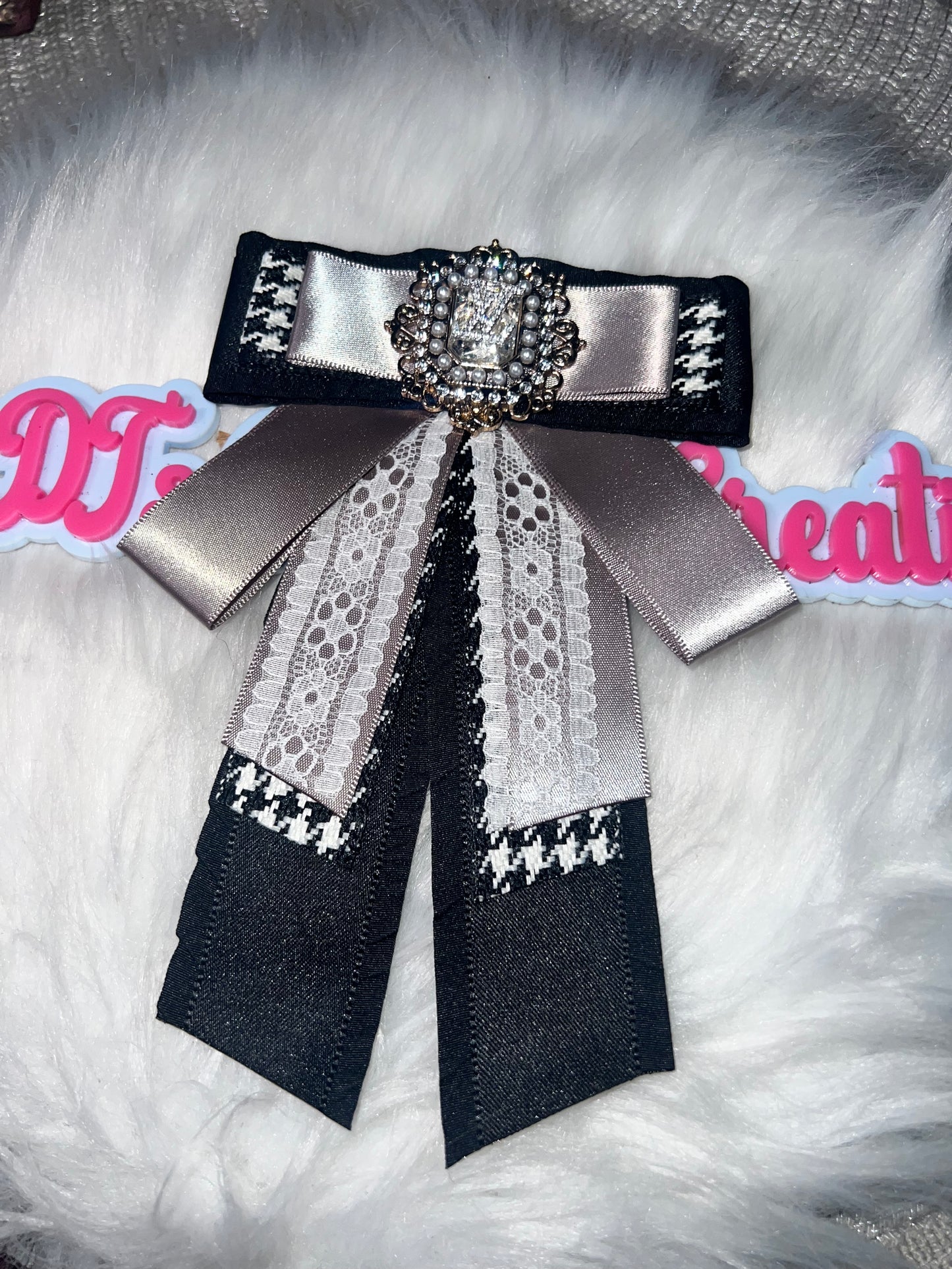Black, Silver & Lace Couture Statement Bow Brooch
